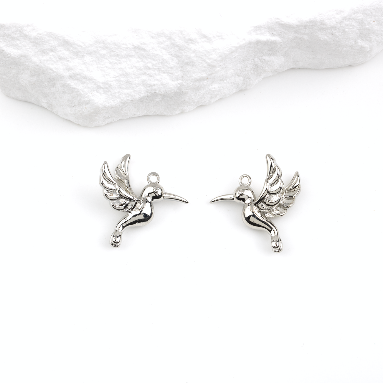 2 x Silver 3D Hummingbird Charms, 18x17mm