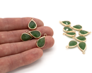 2 x Gold Plated Opaque Green Faceted Glass Teardrop Pendants, 18x11mm (0505)
