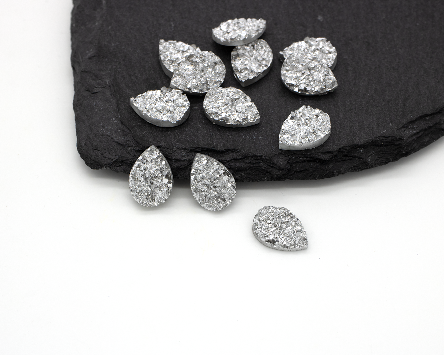 20 x Silver Resin Teardrop Druzy Cabochons, 14x10mm