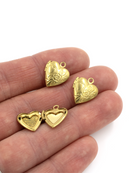 5 x Raw Brass Heart Locket Pendants with Embossed Floral Patten, 15x13mm (C0371)