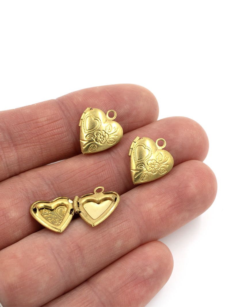 5 x Raw Brass Heart Locket Pendants with Embossed Floral Patten, 15x13mm (C0371)