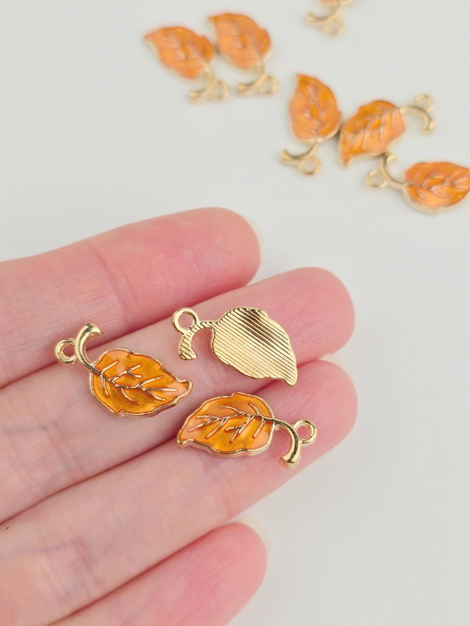 10 x Orange Enamel Metal Leaf Charms, 20x10mm