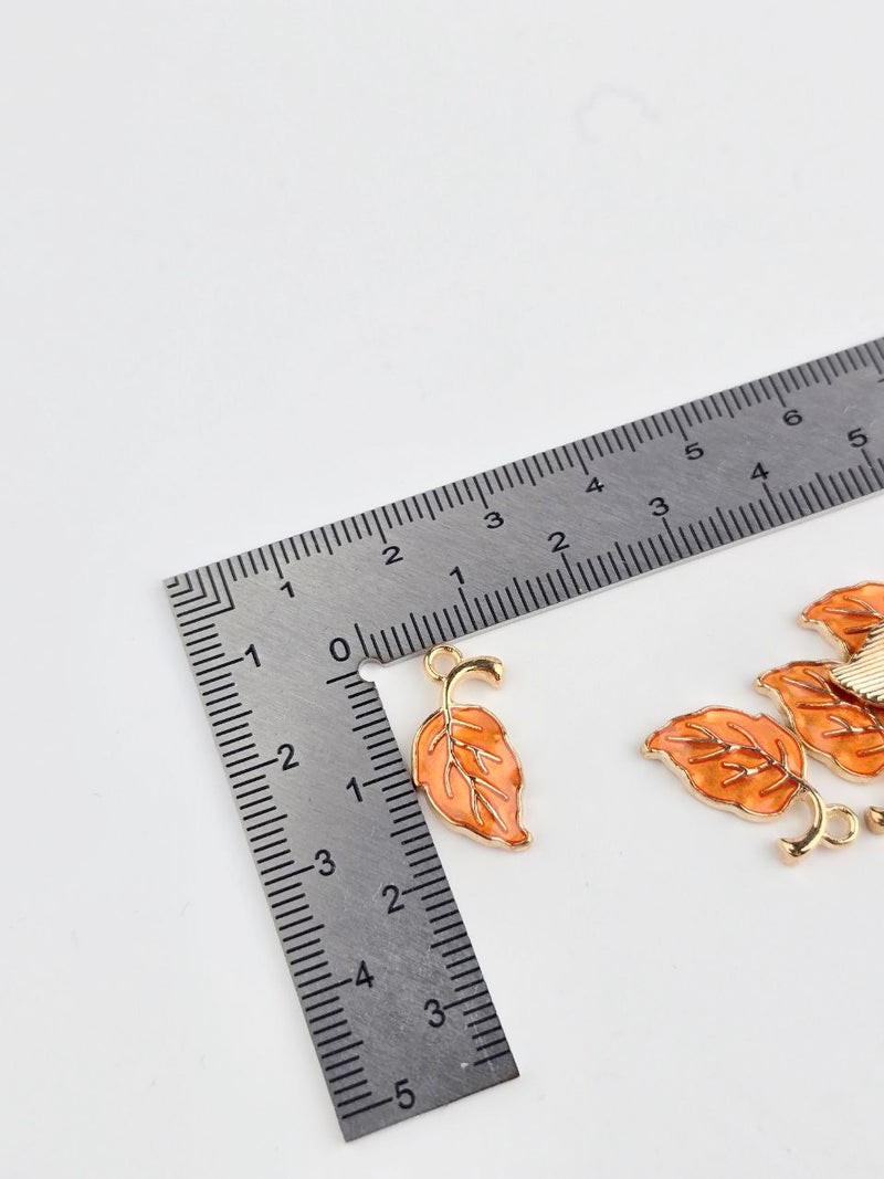10 x Orange Enamel Metal Leaf Charms, 20x10mm