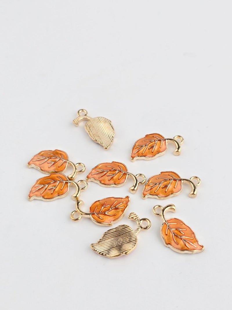 10 x Orange Enamel Metal Leaf Charms, 20x10mm