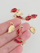 10 x Red Enamel Metal Leaf Charms, 20x10mm
