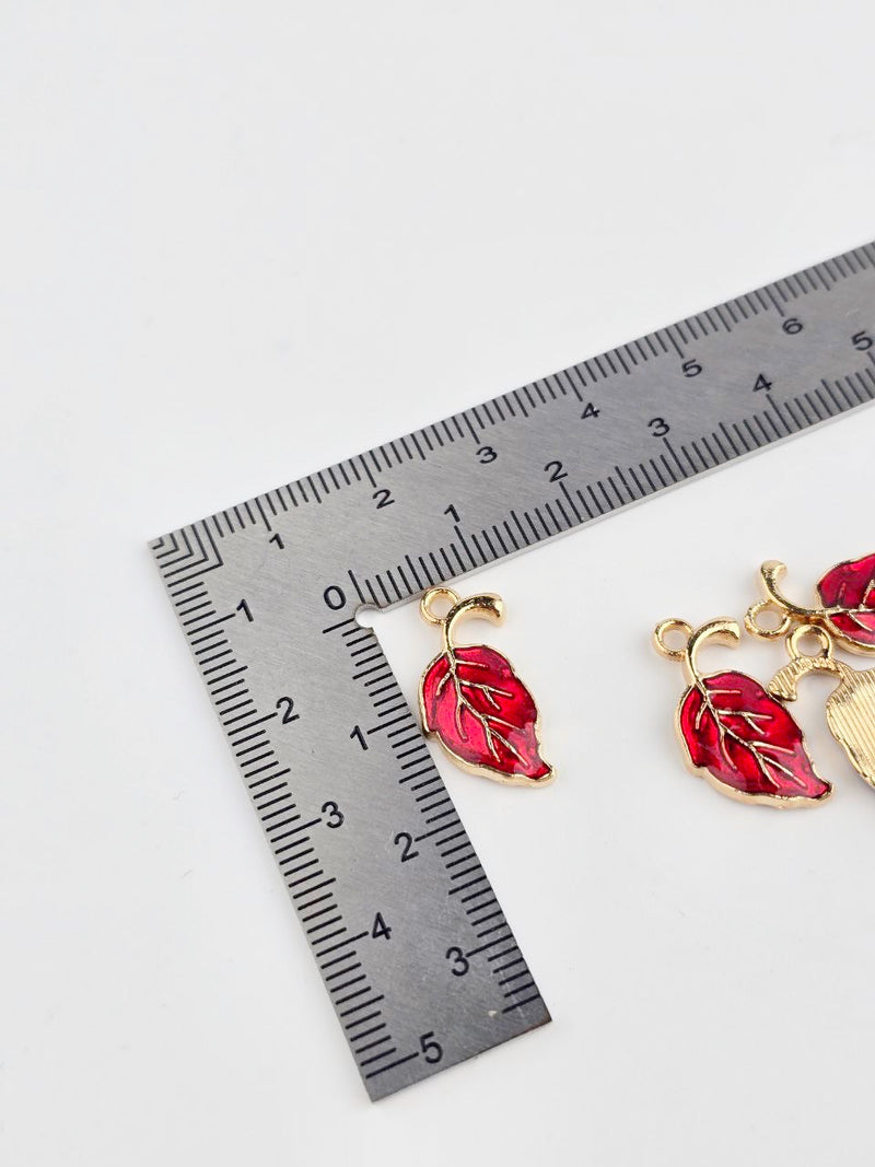 10 x Red Enamel Metal Leaf Charms, 20x10mm