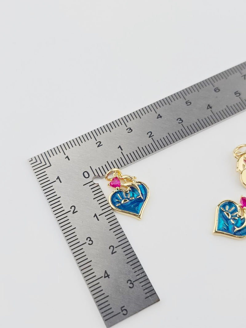 18K Gold Plated Heart Charm with Dolphins, 16x12mm