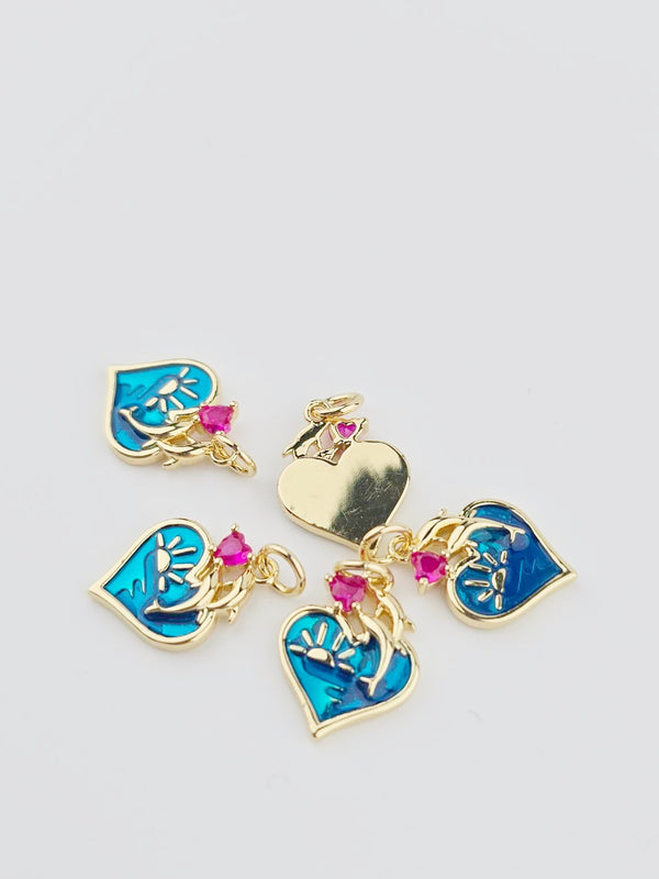 18K Gold Plated Heart Charm with Dolphins, 16x12mm