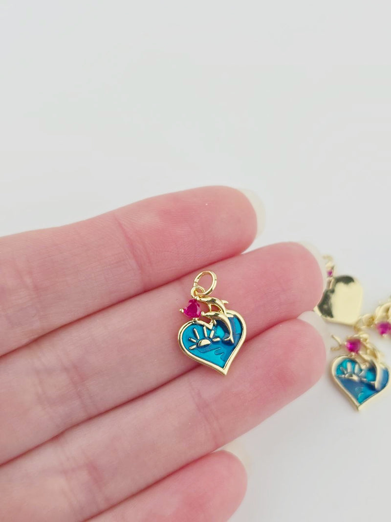 18K Gold Plated Heart Charm with Dolphins, 16x12mm