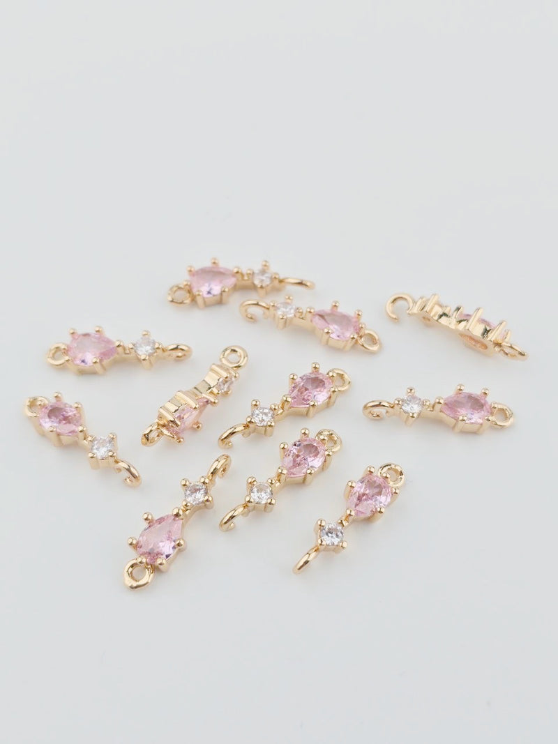 2 x 18K Gold Plated Pink Cubic Zirconia Stick Jewellery Links, 17.5x5mm