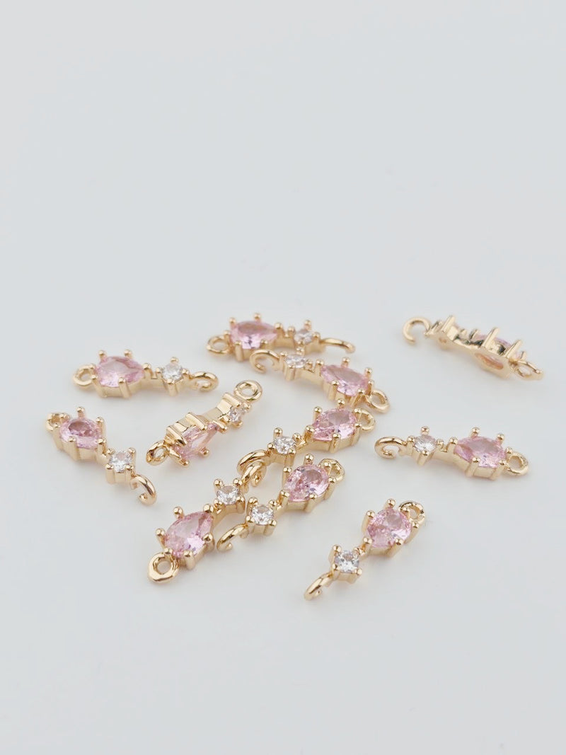 2 x 18K Gold Plated Pink Cubic Zirconia Stick Jewellery Links, 17.5x5mm