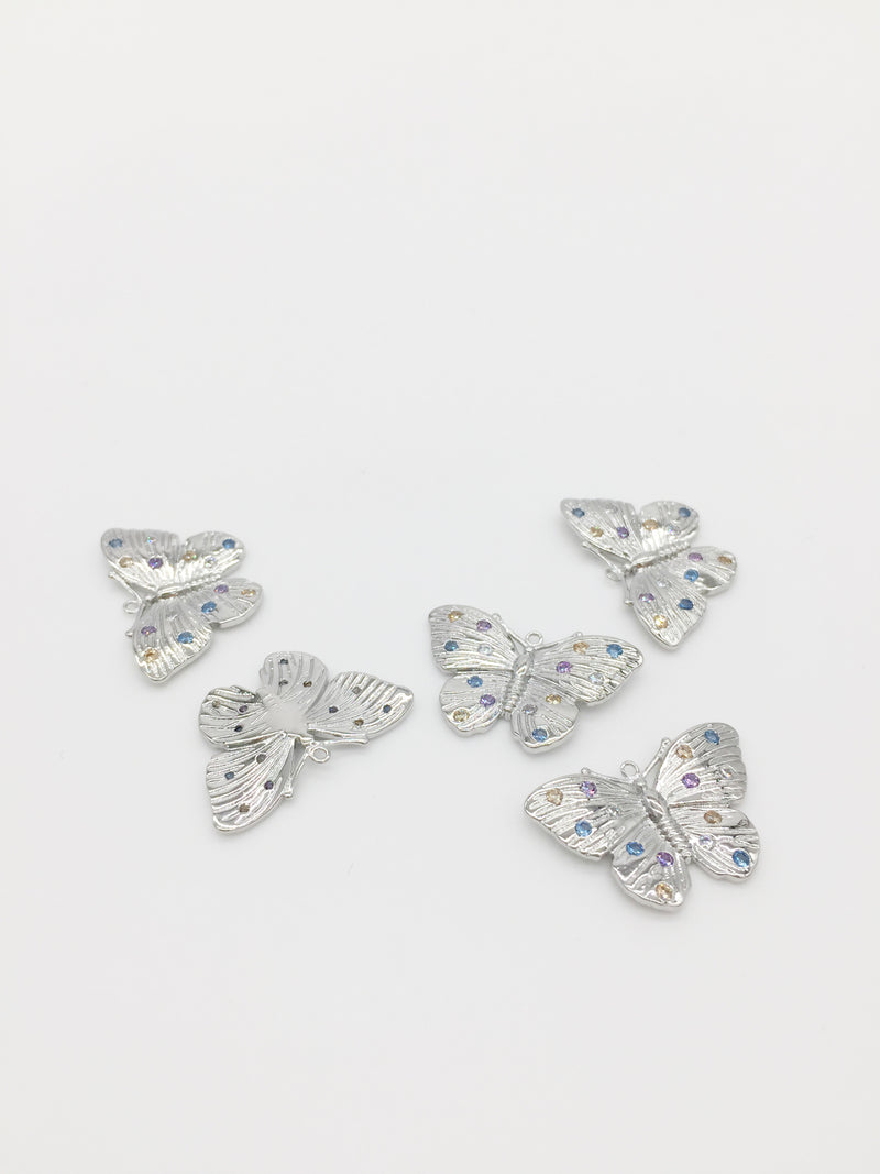 1 x Platinum Plated Butterfly Pendant with Multicolour CZ, 23x15mm