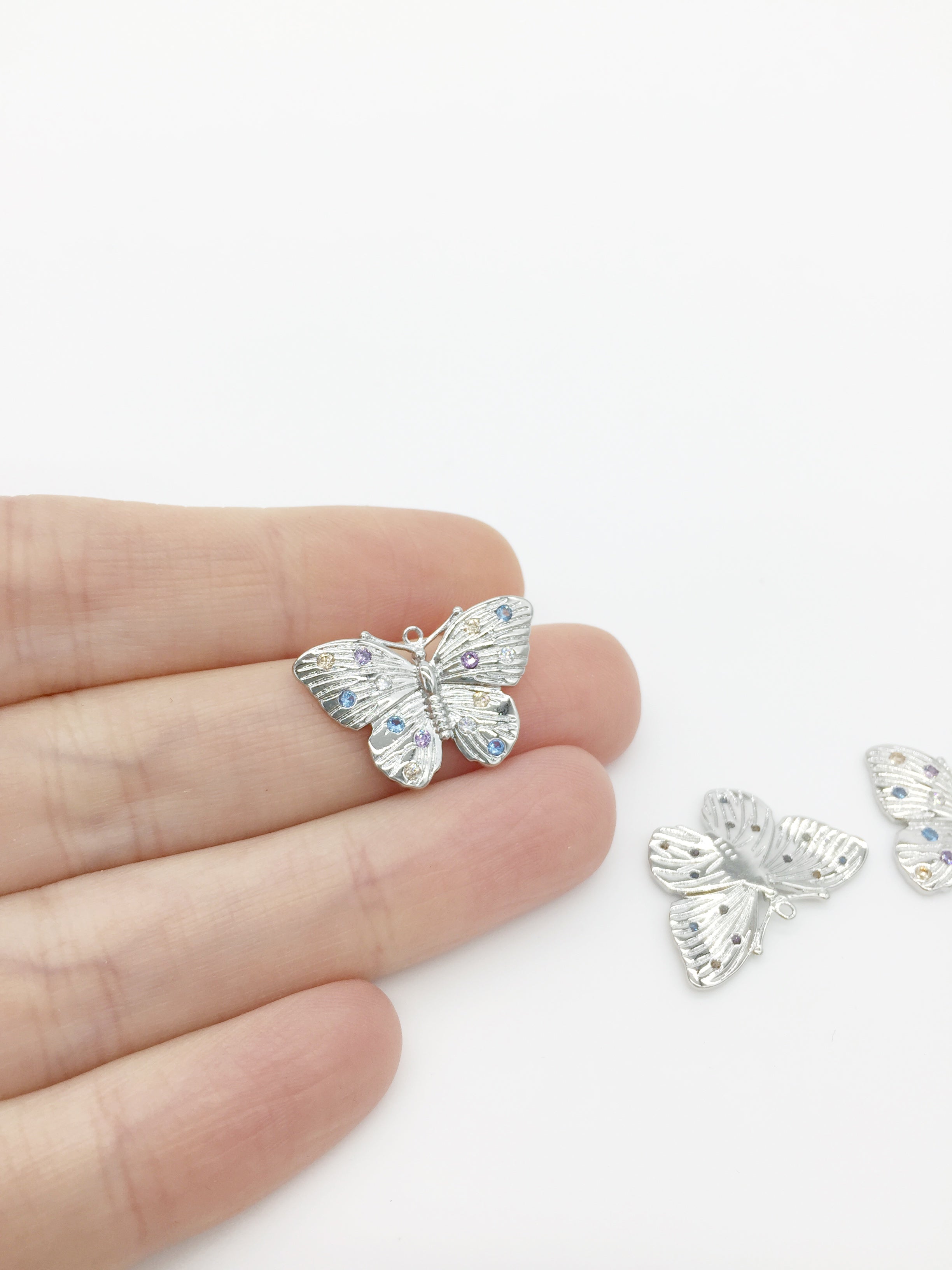 1 x Platinum Plated Butterfly Pendant with Multicolour CZ, 23x15mm