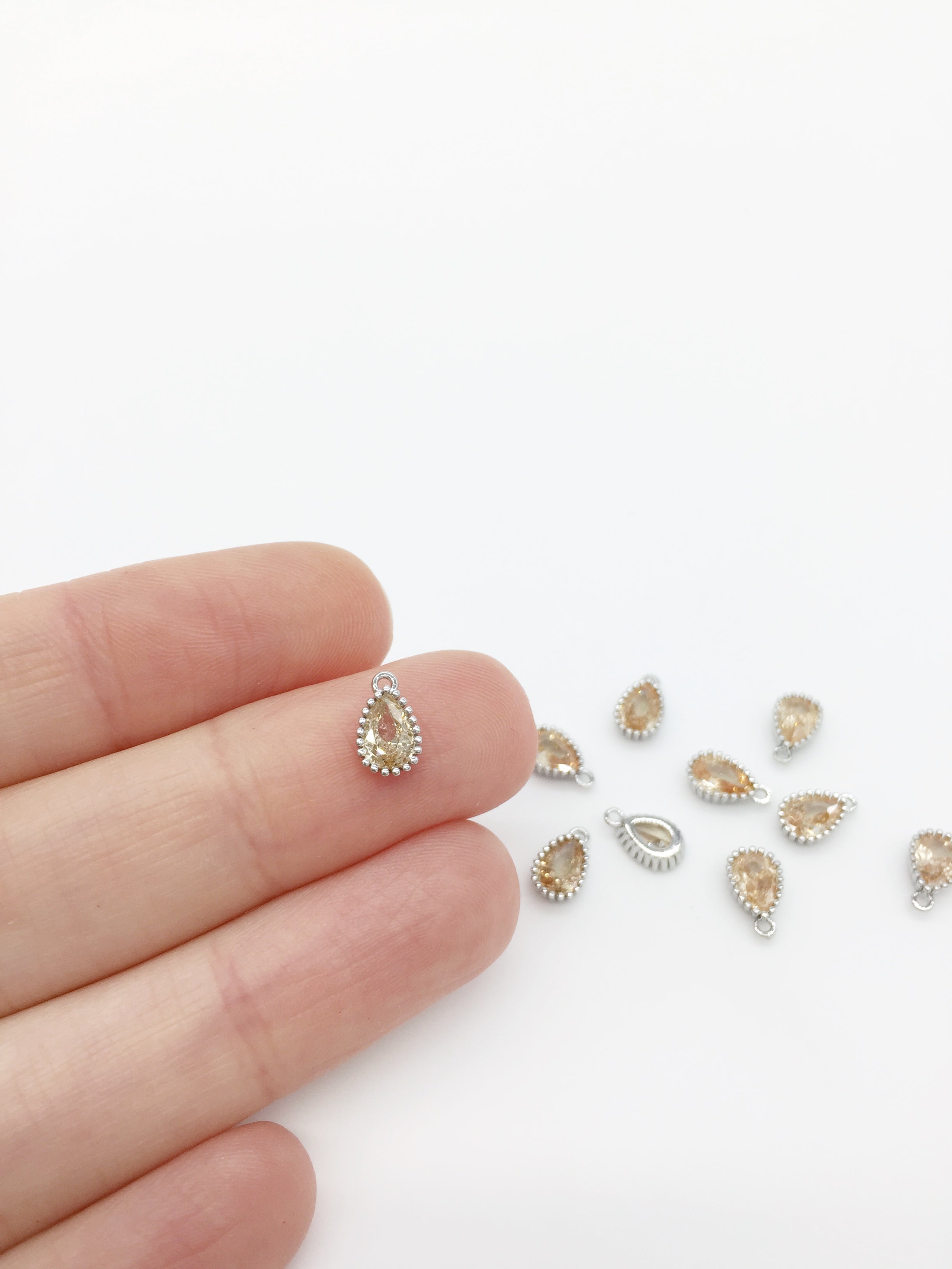 1 x Rhodium Plated Citrine Cubic Zirconia Teardrop Charm, 5x8mm