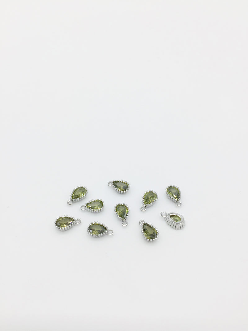 1 x Rhodium Plated Olive Green Cubic Zirconia Teardrop Charm, 5x8mm