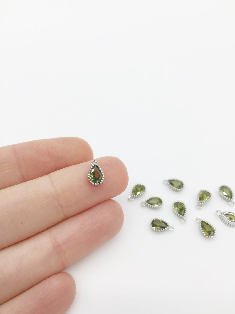 1 x Rhodium Plated Olive Green Cubic Zirconia Teardrop Charm, 5x8mm