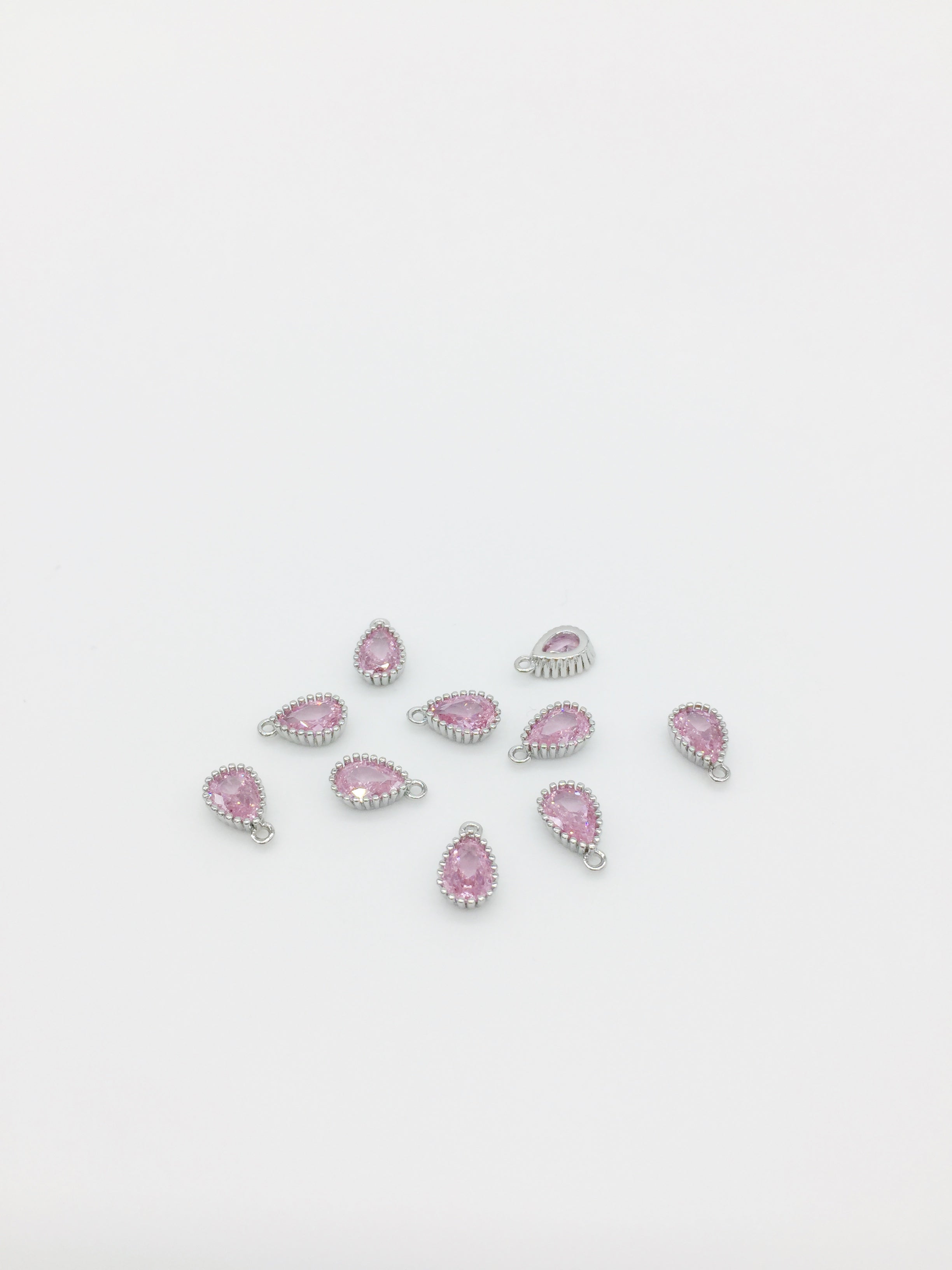 1 x Rhodium Plated Pink Cubic Zirconia Teardrop Charm, 5x8mm