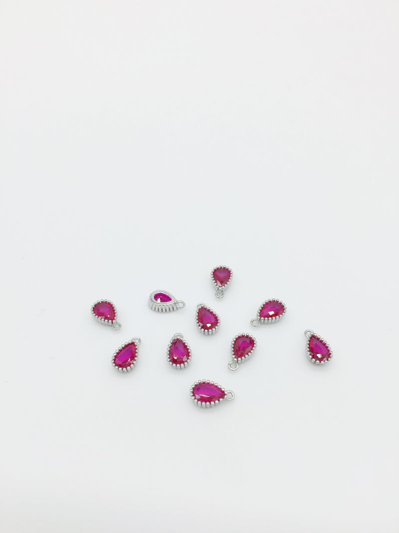 1 x Rhodium Plated Ruby Red Cubic Zirconia Teardrop Charm, 5x8mm