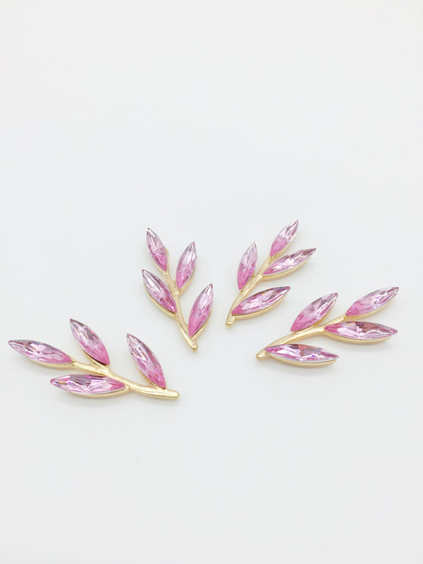 2 x Gold Tone Pink Crystal Branch Embellishments, 35x15mm