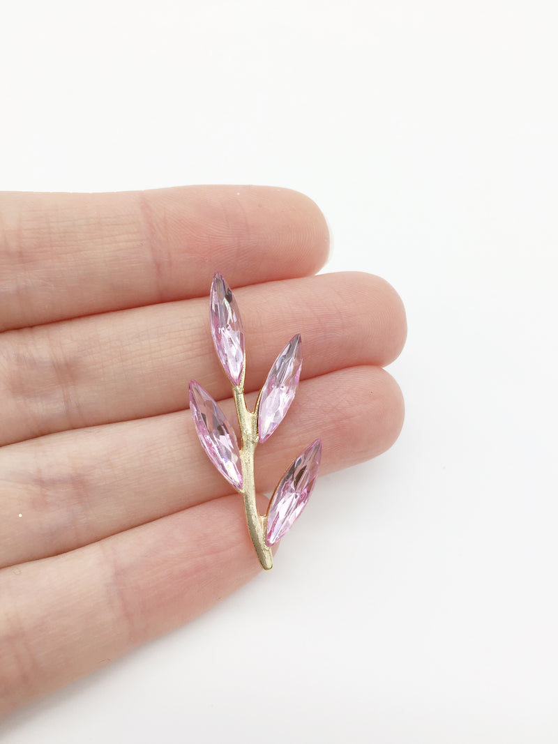 2 x Gold Tone Pink Crystal Branch Embellishments, 35x15mm