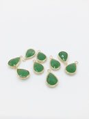 2 x Gold Plated Opaque Green Faceted Glass Teardrop Pendants, 18x11mm (0505)