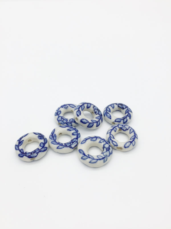 2 x Ring Shaped Off-white Ceramic Beads with Blue Floral Pattern, 19mm (3873)