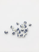 10 x Round White Ceramic Beads with Navy Blue Floral Pattern, 8mm (3875)