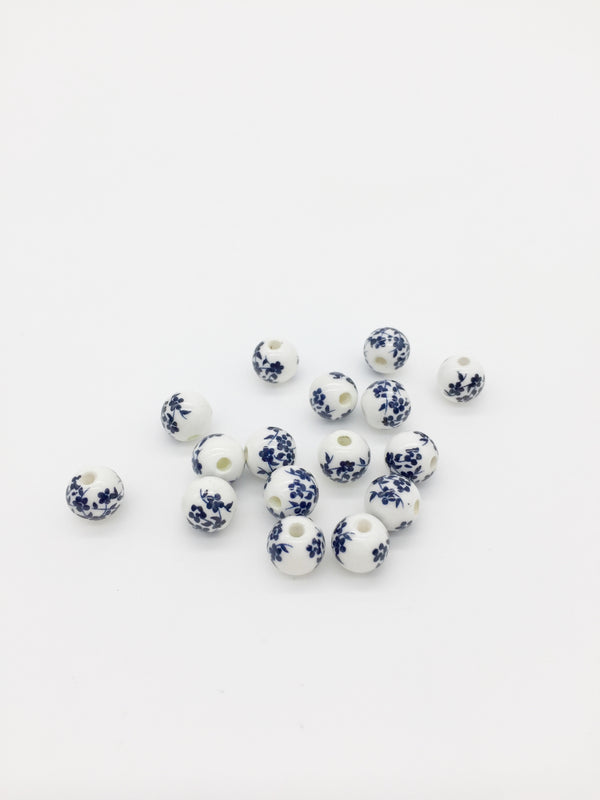10 x Round White Ceramic Beads with Navy Blue Floral Pattern, 8mm (3875)