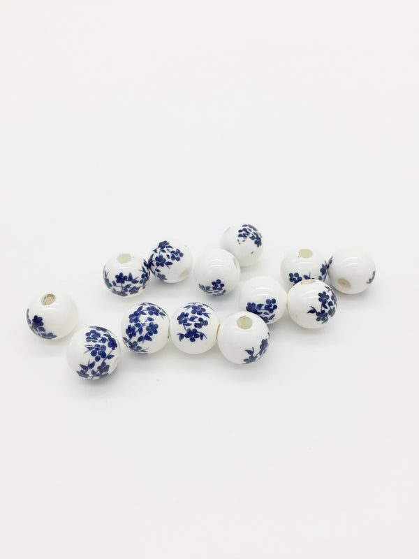 10 x Round White Ceramic Beads with Navy Blue Floral Pattern, 10mm (3876)