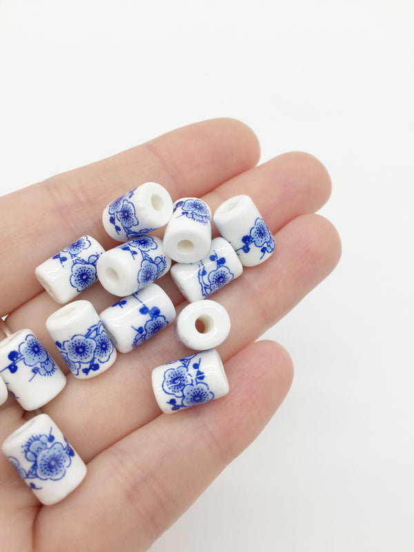10 x Column Shaped White Ceramic Beads with Blue Floral Pattern, 12x8mm (3877)