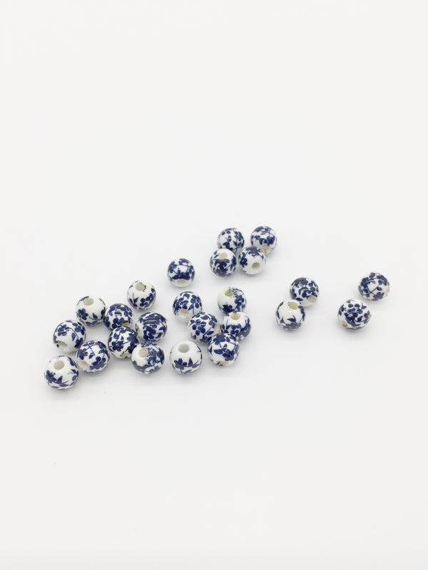 10 x Round White Ceramic Beads with Navy Blue Floral Pattern, 6mm (3874)