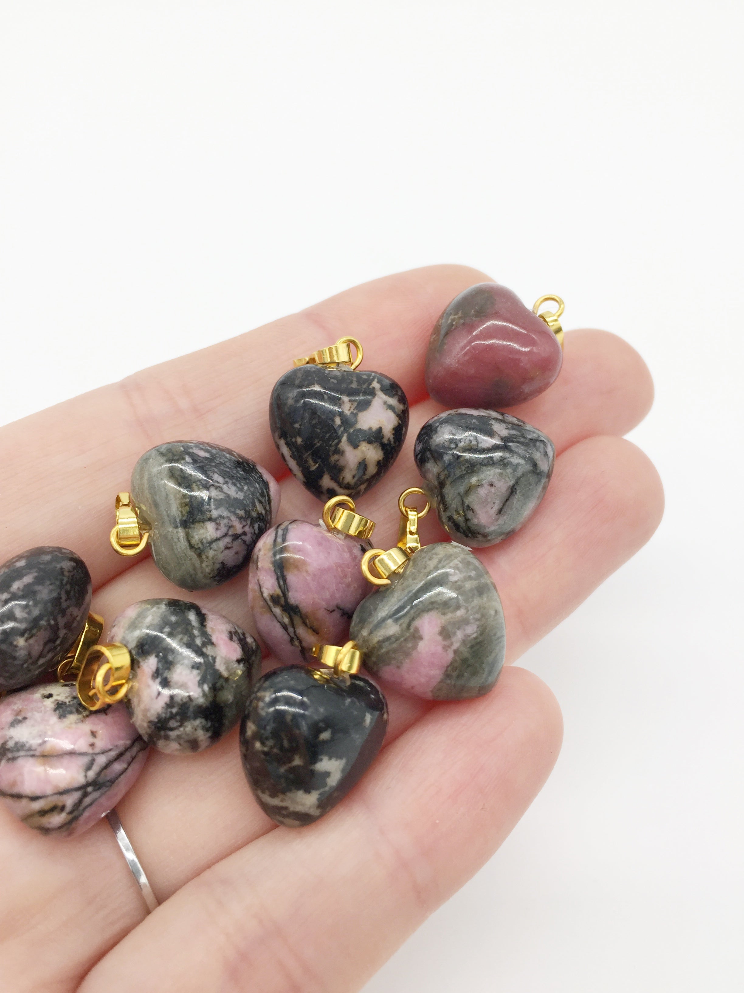 1 x Puffy Heart Rhodonite Pendant with Gold Plated Loop and Bail, 19x15mm (0192)