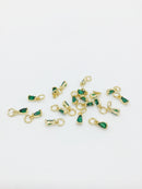 2 x Tiny 18K Gold Plated Emerald Green Teardrop Cubic Zirconia Charms with Jump Rings, 8x3mm (0184)
