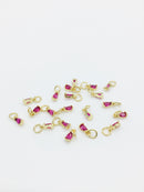 2 x Tiny 18K Gold Plated Deep Pink Teardrop Cubic Zirconia Charms with Jump Rings, 3x8mm (0168)