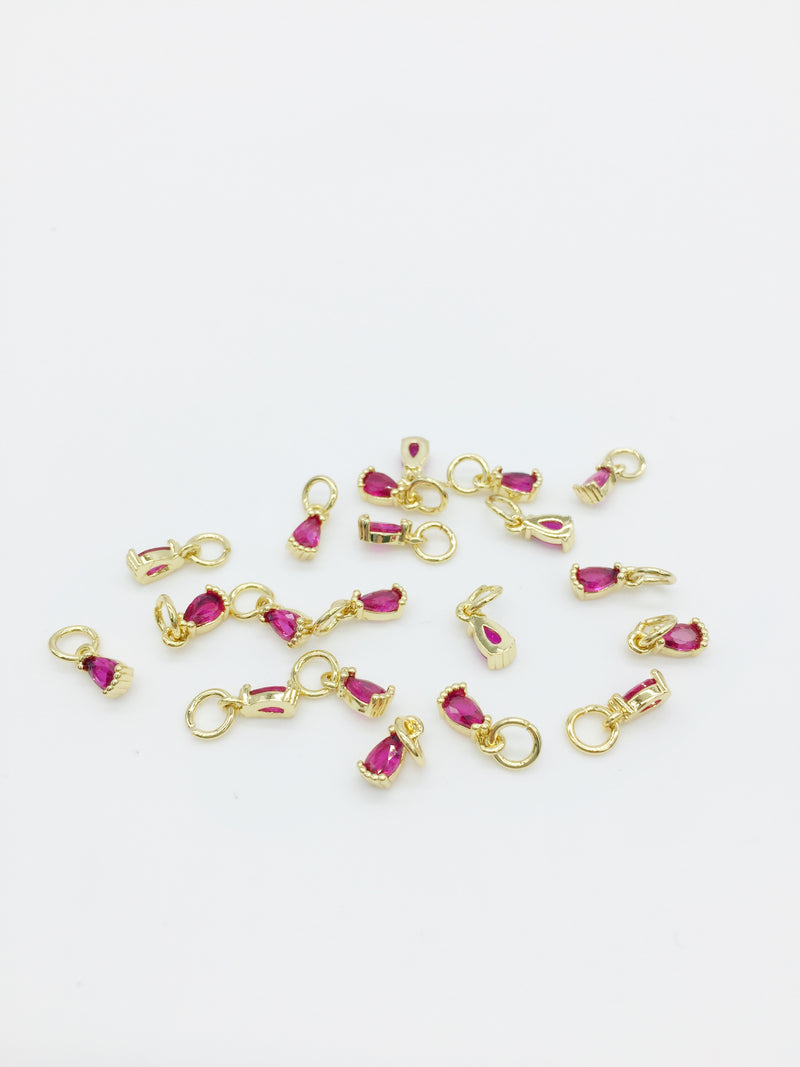 2 x Tiny 18K Gold Plated Deep Pink Teardrop Cubic Zirconia Charms with Jump Rings, 3x8mm (0168)