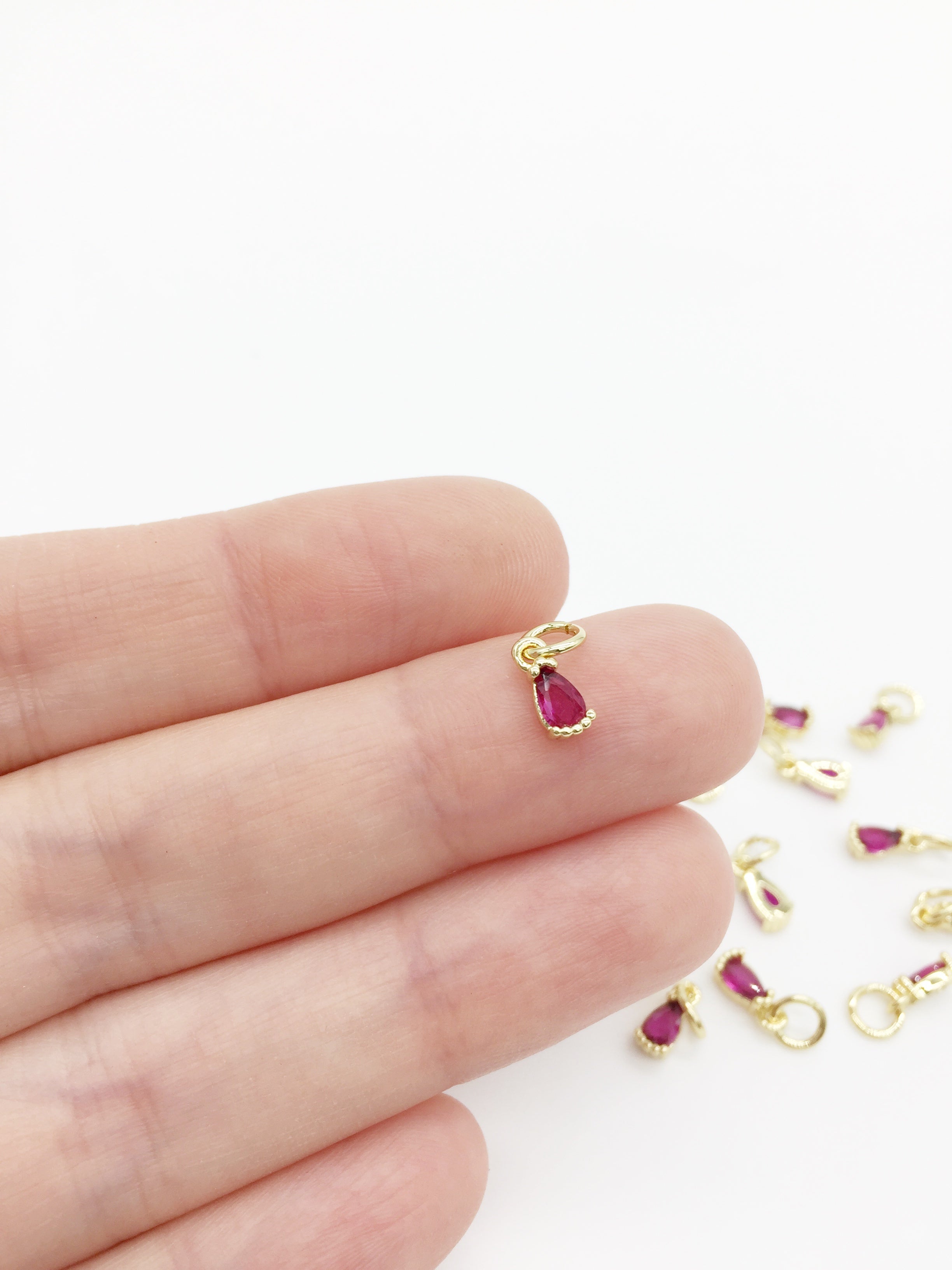 2 x Tiny 18K Gold Plated Deep Pink Teardrop Cubic Zirconia Charms with Jump Rings, 3x8mm (0168)