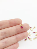 2 x Tiny 18K Gold Plated Deep Pink Teardrop Cubic Zirconia Charms with Jump Rings, 3x8mm (0168)