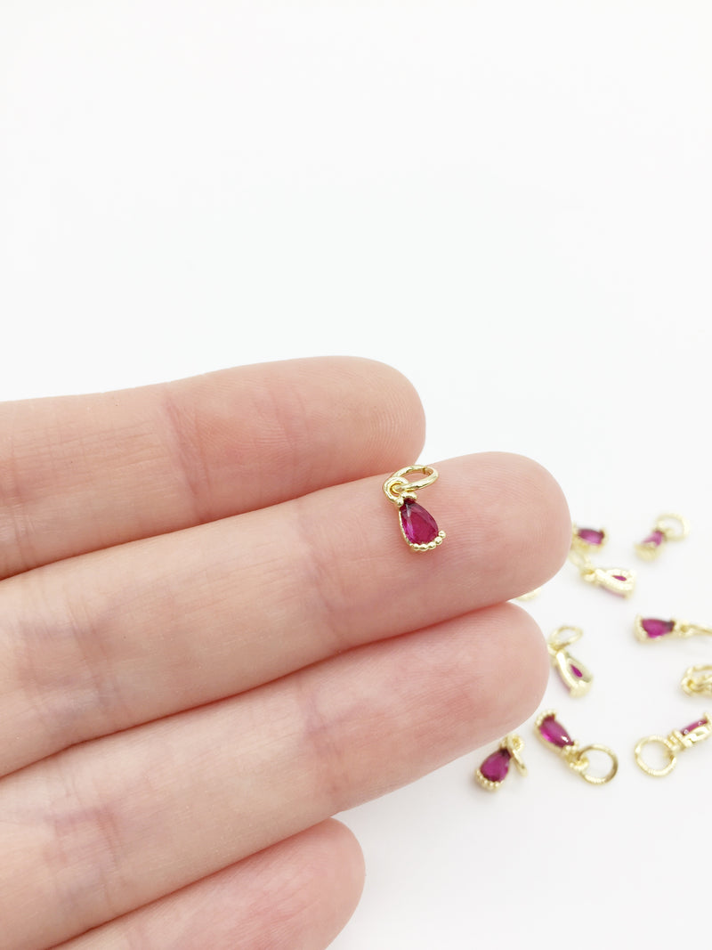 2 x Tiny 18K Gold Plated Deep Pink Teardrop Cubic Zirconia Charms with Jump Rings, 3x8mm (0168)