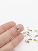 2 x Tiny 18K Gold Plated Purple Teardrop Cubic Zirconia Charms with Jump Rings, 3x8mm (0180)