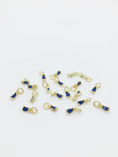 2 x Tiny 18K Gold Plated Blue Teardrop Cubic Zirconia Charms with Jump Rings, 3x8mm (0179)