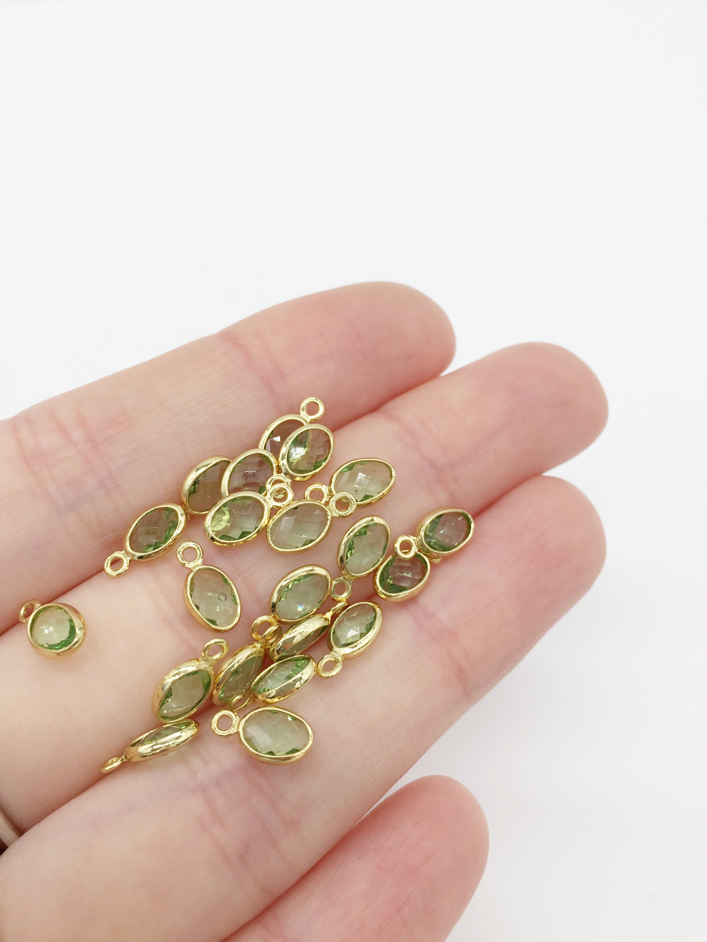 2 x Tiny Gold Plated Peridot Green Glass Oval Charms, 9x5mm (0185)
