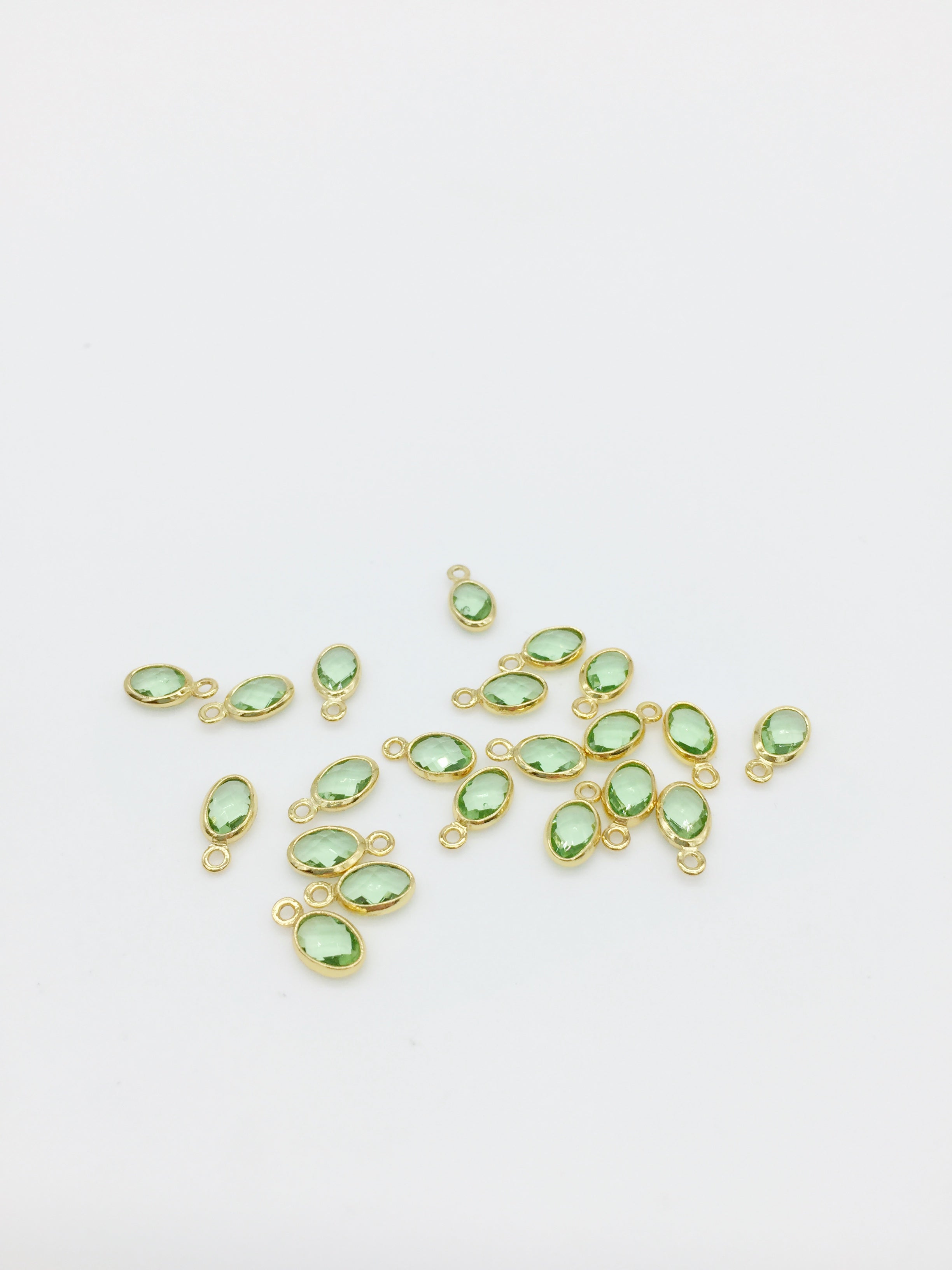 2 x Tiny Gold Plated Peridot Green Glass Oval Charms, 9x5mm (0185)