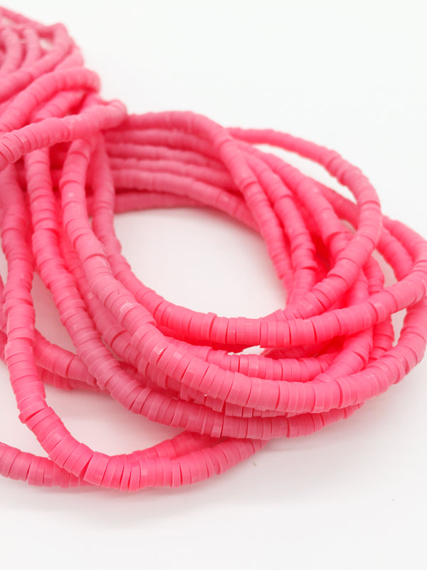1 strand x 4mm Bright Neon Pink Polymer Clay Disc Beads, Vinyl Heishi Beads (3172)