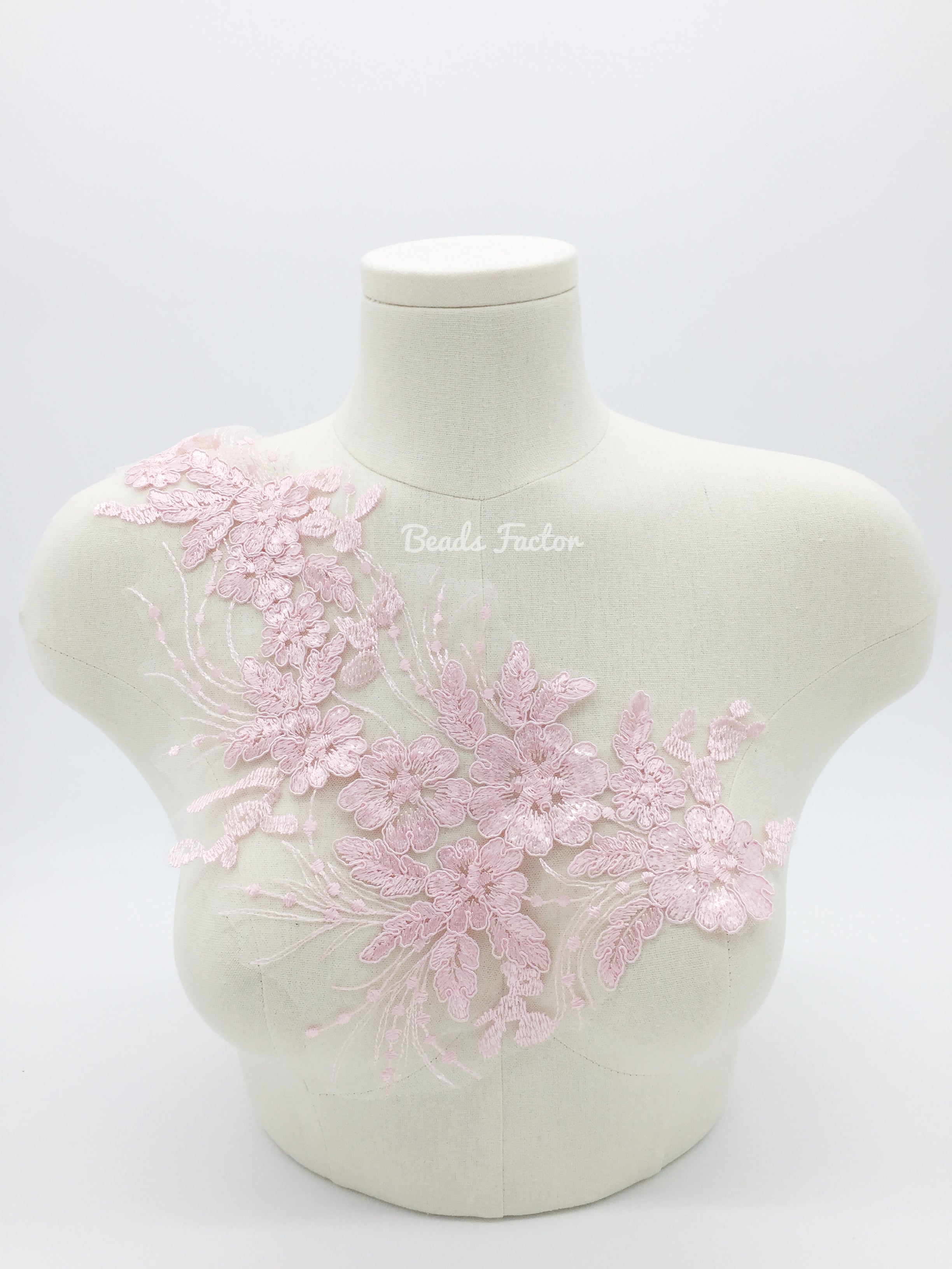 Large Mirrored Pair Pink Flower Lace Applique, 44x23cm