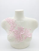 Large Mirrored Pair Pink Flower Lace Applique, 44x23cm