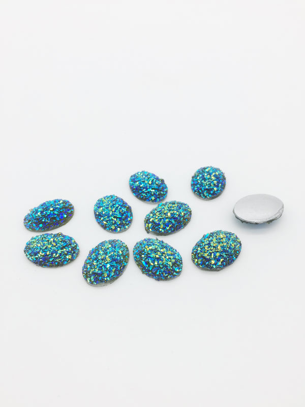 10 x Oval Resin Druzy Cabochons, 18x13mm Iridescent Peacock Colour