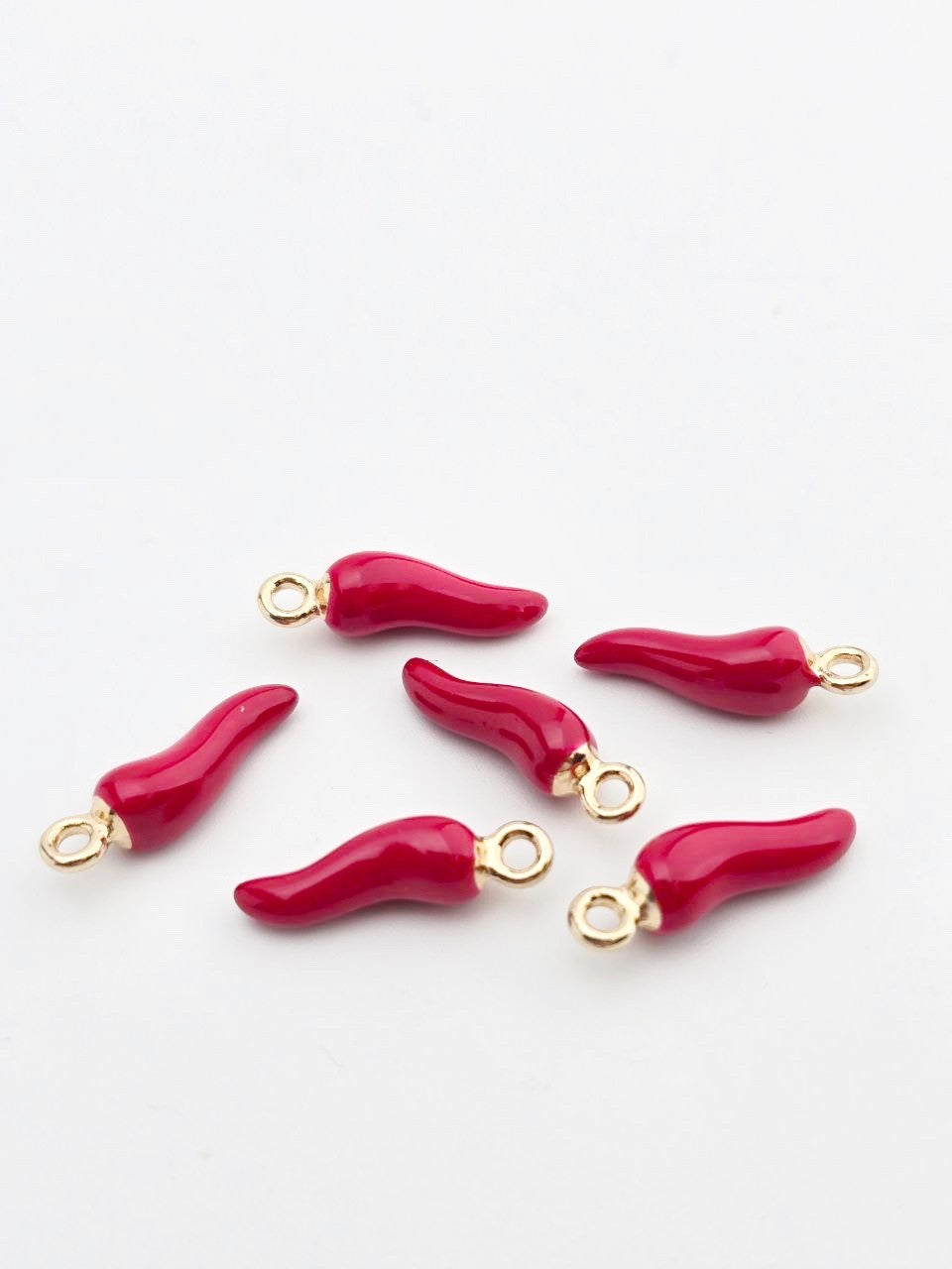 6 x Red Enamel Chili Charms with Gold Loops, 22x6mm