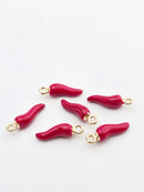 6 x Red Enamel Chili Charms with Gold Loops, 22x6mm
