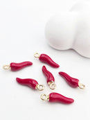 6 x Red Enamel Chili Charms with Gold Loops, 22x6mm