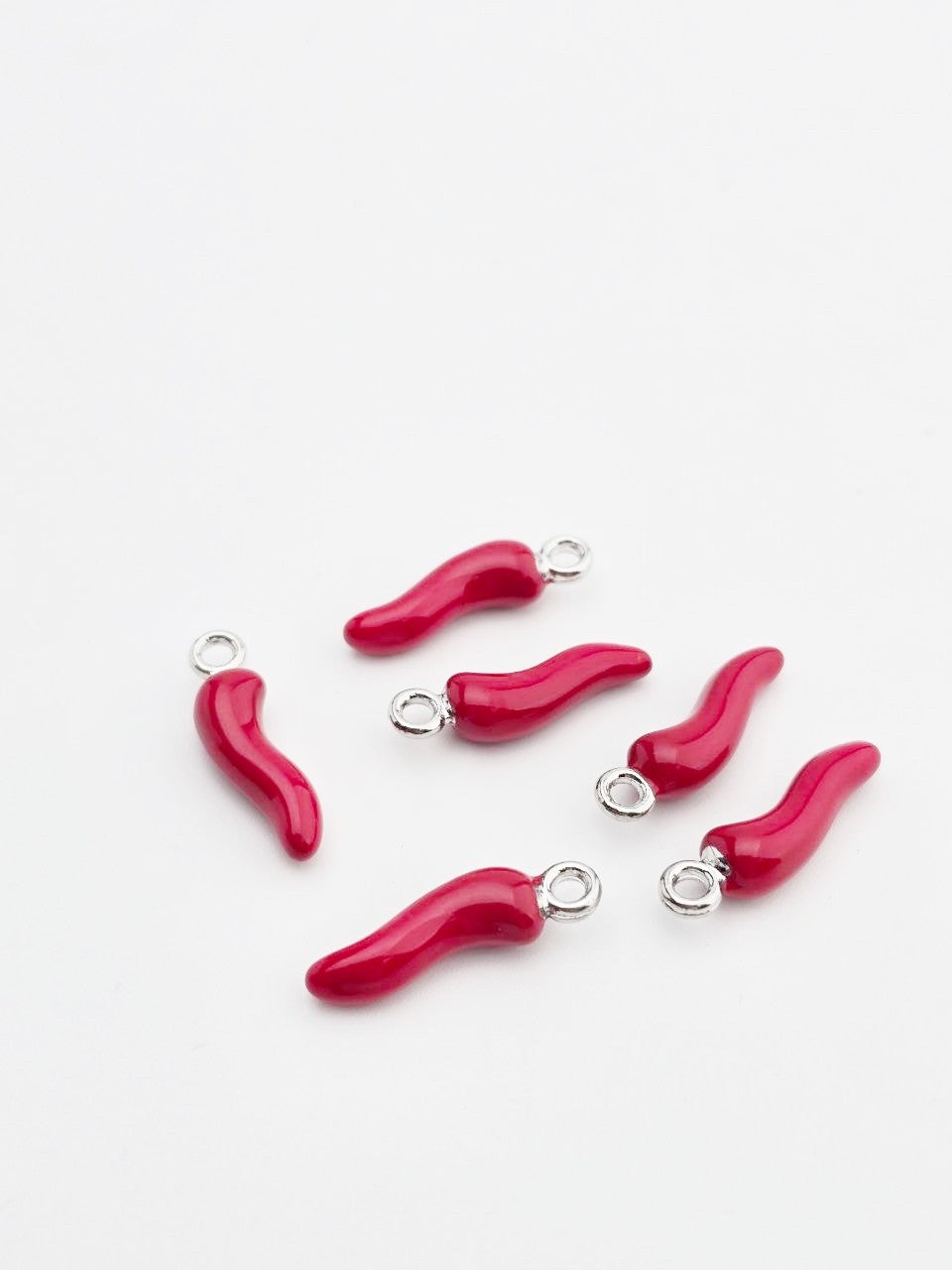 6 x Red Enamel Chili Charms with Silver Loops, 22x6mm